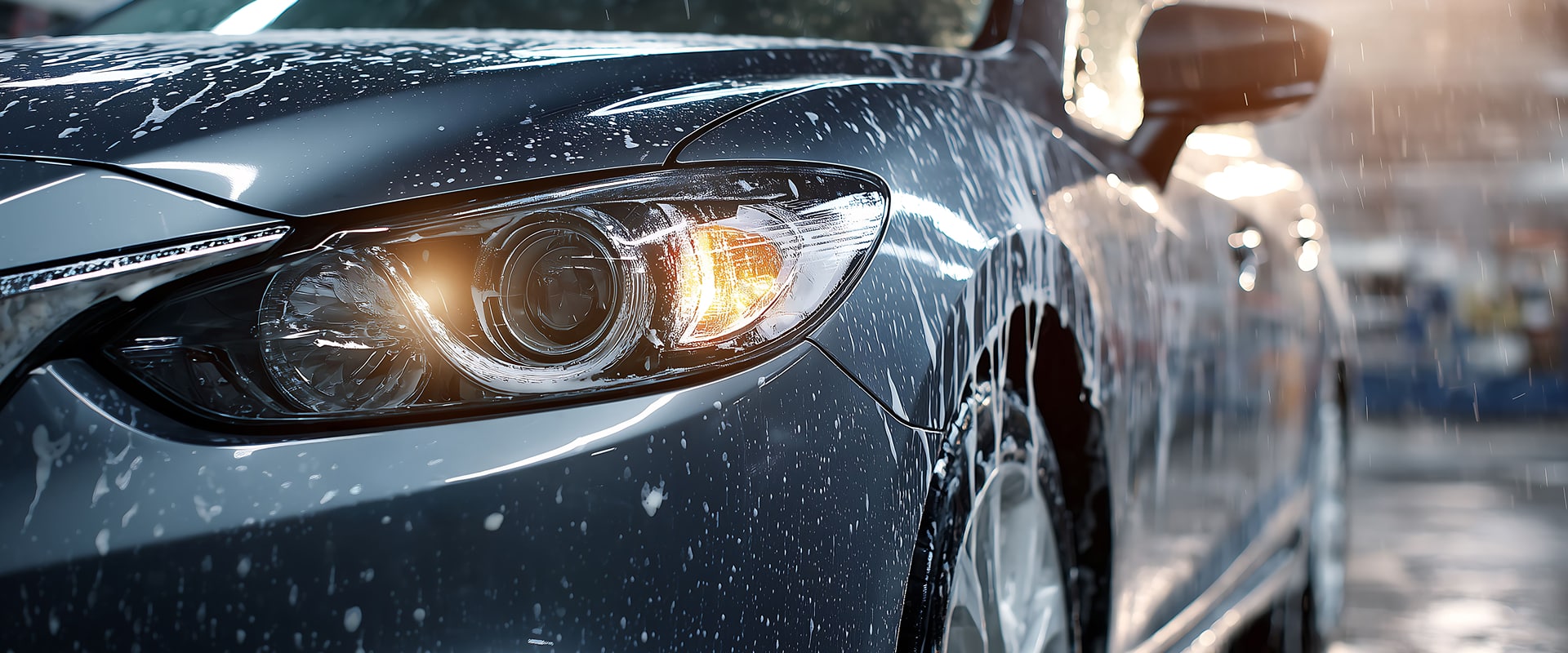 Lavage voiture haute pression : rinçage et mousse Lavage haute pression d'une voiture noire savonneuse sous un ciel bleu, l'eau mousse sur le capot et le pare-chocs.